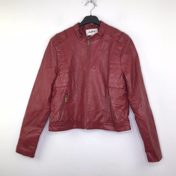 Daytrip Jackets & Blazers - Daytrip Women's Large Moto Jacket Faux Leather Zip Up Pockets Red Solid